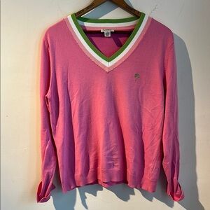 Vintage Lilly Pulitzer Pink V-Neck Sweater with Green Trim